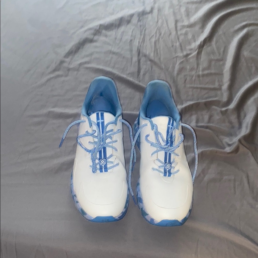 White and Blue Athletic Sneakers